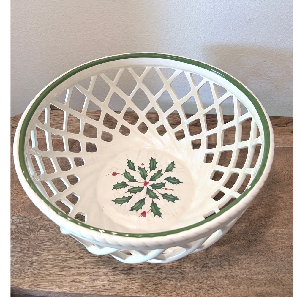 Lenox Holiday Lattice Basket Bowl Server Holly Berry Ivory China Christmas Decor